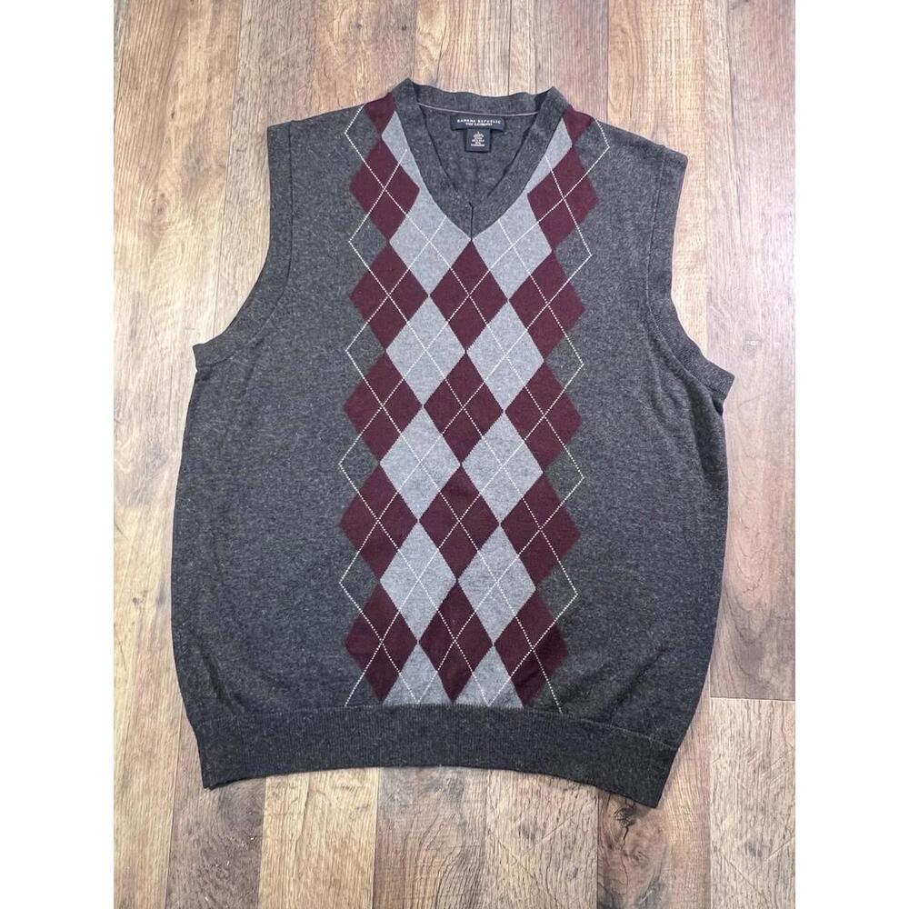 Banana Republic Silk Cashmere Sweater Vest Large Gray Argyle Preppy Academia .
